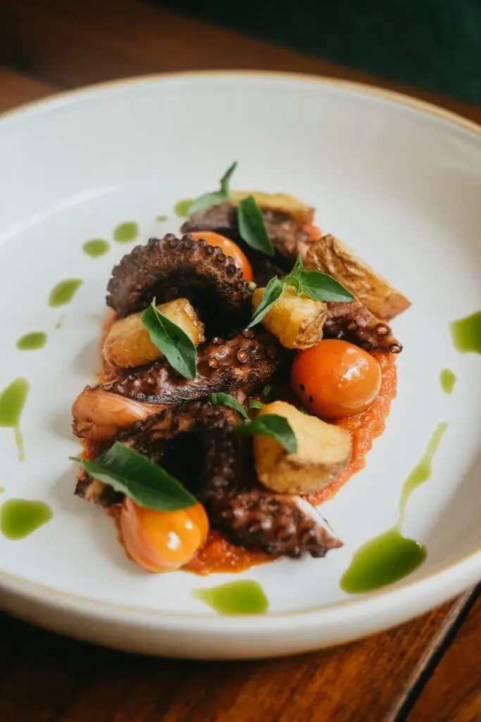 Gurita Bakar grilled octopus with tomatoes and basil oil at HOME by Chef Wayan, seafood restaurant Bali